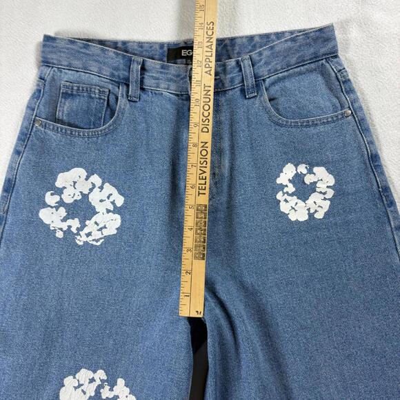 EGO Womens 6 High Rise Wide Leg Painted Floral Medium Wash Denim Jeans Y2K Style - Picture 7 of 8